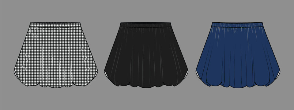 Navy Pleated Mini Skirt Fashion Flat Sketch Technical Drawing Vector