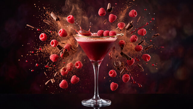 Raspberry chocolate martini in a glass with flying raspberries and cocoa dust in a dark setting