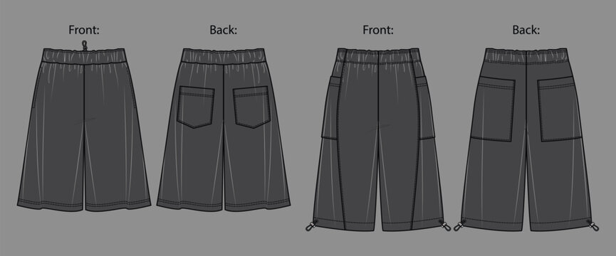 Black Cargo Shorts Fashion Flat Sketch Technical Drawing Vector