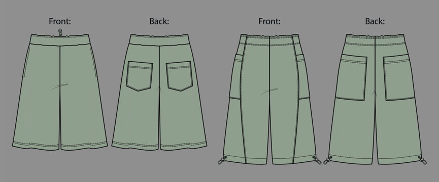 Sage Green Cargo Shorts Fashion Flat Sketch Technical Drawing Vector