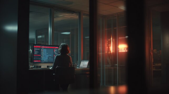 Woman programmer coding on computer in dark office at night. Software developer working late on programming project. Workplace cybersecurity monitoring and system analysis concept.