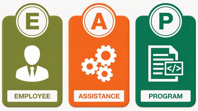 Employee Assistance Program EAP infographic showing symbols for worker assistance gear and program document on colorful panels