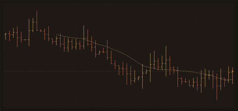 Financial stock market chart with candlestick patterns and moving average trend line on a dark background, representing trading data analysis and investment volatility