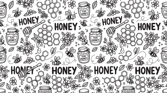 Hand drawn honey seamless pattern with bees honeycomb jars and flowers in black and white sketch style for textile design background