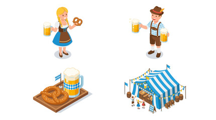 Fototapeta premium Isometric illustrations depicting Oktoberfest celebration elements including traditional costumes, beer, pretzels, and a festive tent.