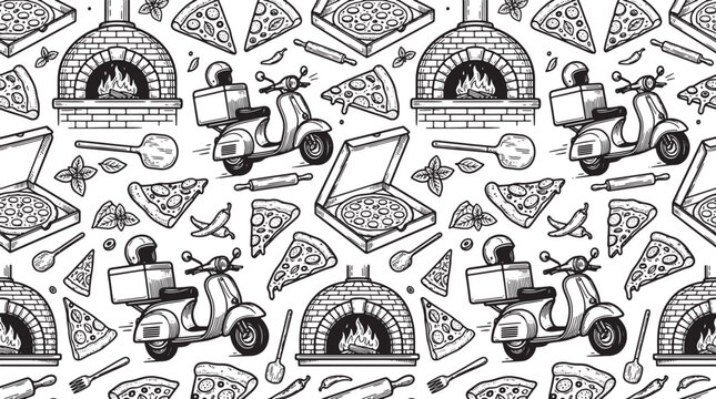 Seamless pattern with pizza delivery scooters and brick ovens in a hand drawn sketch style for restaurant menu or food packaging design