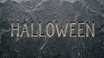 Fototapeta premium Carved word halloween displayed on a rough dark stone surface. The textured rock background creates a spooky and mysterious seasonal atmosphere.