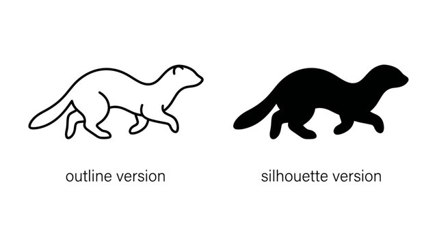 Weasel Outline and Silhouette: A clear outline and a solid silhouette of a weasel in motion, showcasing its sleek form and agile movement.