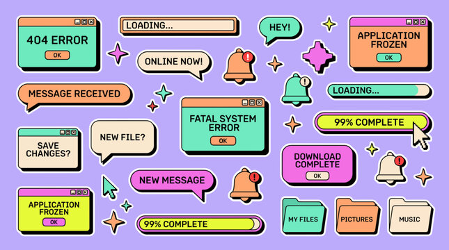 Retro web window popups and digital desktop stickers showcasing system error alerts, speech bubbles and progress bars, representing vintage operating system and user interface design