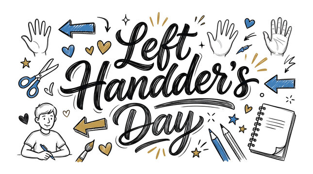International Left Handers Day Doodle Vector Illustration: Hand-Drawn Left-Handed Writing Elements, Lefties Icons, Left Arrows, Scissors, Notebook, and Boy Sketching