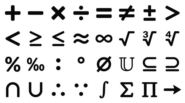 Collection of black mathematical symbols and operators including addition, subtraction, multiplication, division, equality, square root, infinity, integral, sigma, pi, and set theory icons on white.