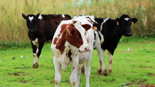 Cows grazing on the green pasture eating grass in Azores Portugal