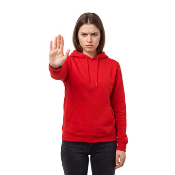 angry woman stop transparent background gesture serious warning refusal boundary A determined adult extends her palm and frowns for rejection safety limits conflict and assertive cutout messaging