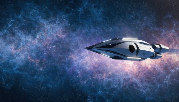 A sleek futuristic spaceship travels through a colorful, star-filled galaxy, showcasing advanced space exploration technology.