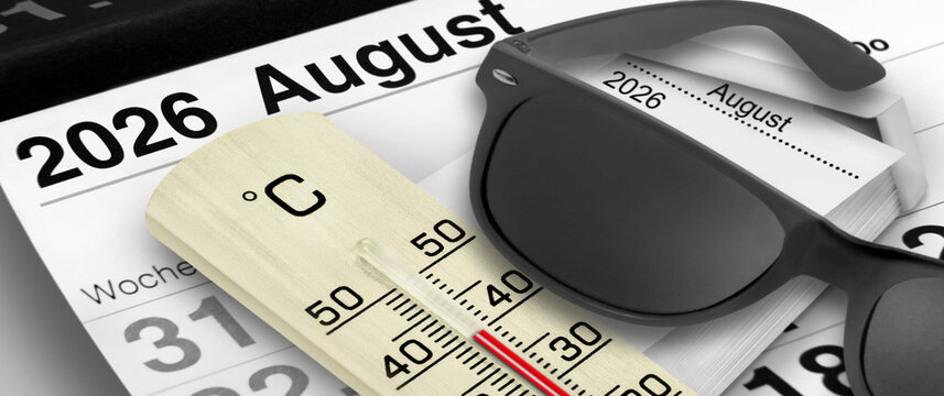 Deutscher Kalender Sommer 2026 August mit Thermometer 40 Grad Celsius