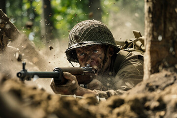 Obraz premium Muddy soldier aiming a rifle from a forest foxhole