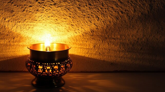 Polished Brass Votive Lamp Intricately Designed With Rel