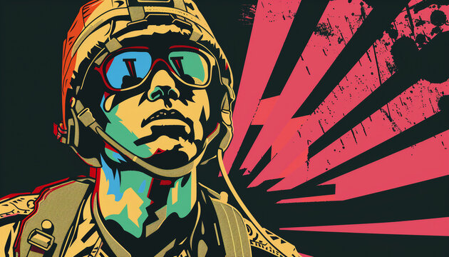 Pop art soldier in goggles against pink rays