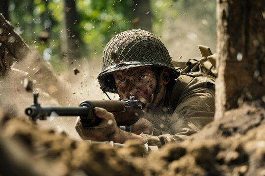 Muddy soldier aiming a rifle from a forest foxhole