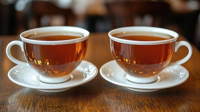 Two cups of hot tea on saucers, close-up on a wooden table in a cafe, soft focus background