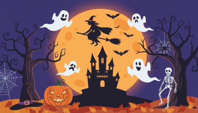 Retro Halloween illustration, haunted castle silhouette and flying witch, orange purple night scene for party poster banner
