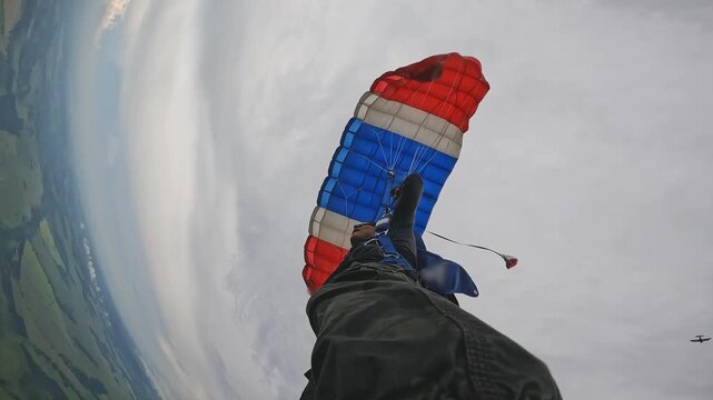 A view from below of a skydiver under an open dome after a jump. Extreme sports, aerial training and a plane in the sky in the background.
