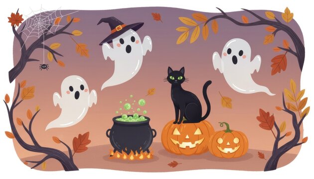 Cute Halloween illustration with ghosts and black cat, pumpkins and bubbling cauldron. Pastel autumn cartoon background