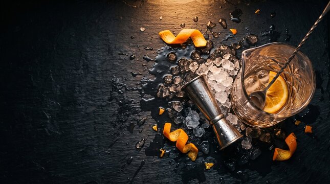 Messy Bar Counter with Crushed Ice and Orange Peels
