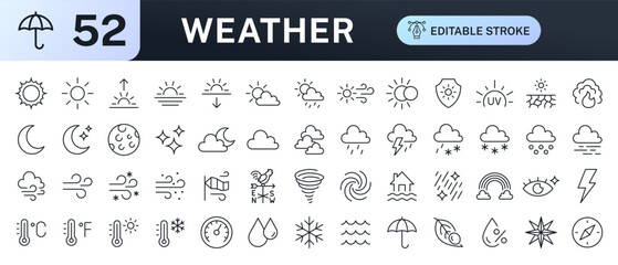 Obraz premium Weather line icon set. Sun moon, rain cloud, thunder storm, sunrise, wind, snow, night sky, climate change minimal vector illustrations. Simple outline forecast sign. Thin linear web pictogram bundle
