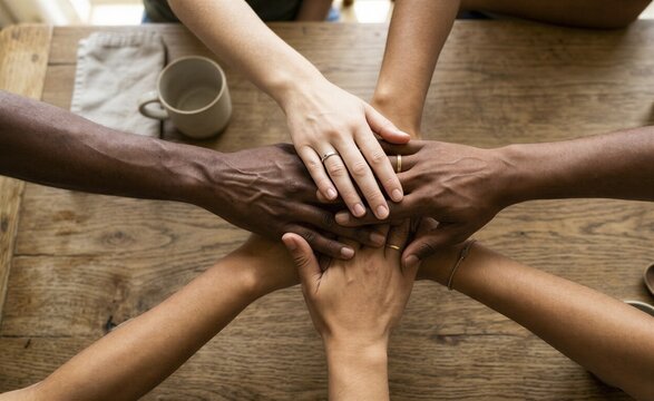 Diverse group of people stacks their hands together in a show of unity and collaboration.