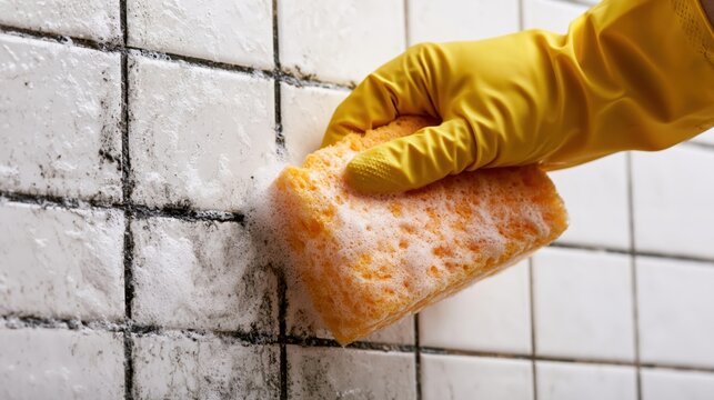 A gloved hand cleaning dirty grout lines on white tiles with a sponge