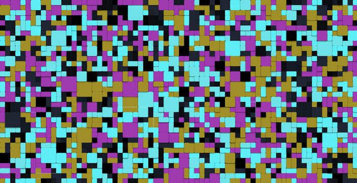 Abstract geometric digital mosaic background featuring a colorful grid of purple teal and gold pixelated rectangles for modern graphic design