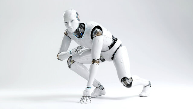 Futuristic white humanoid robot crouching down prepared for action against a clean neutral white background