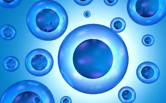 Abstract microscopic 3D rendering of human cells and molecules on professional scientific background.