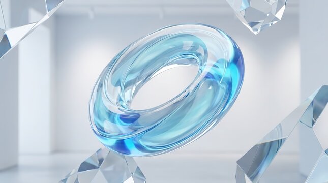 floating blue glass torus shape with geometric crystal shards nearby
