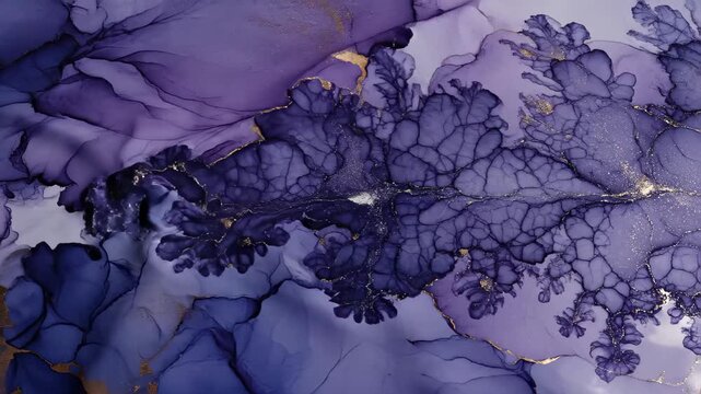 Abstract alcohol ink flow with deep violet and gold texture. Artistic fluid painting transition spreading across surface. Creative liquid design for luxury decor.