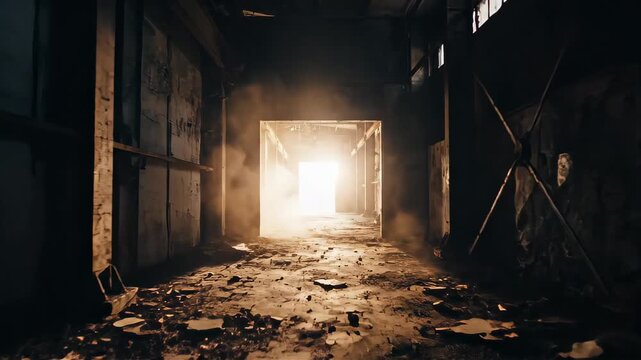 Light shines through a doorway at the end of a dark ruined corridor. Abandoned industrial building with debris on the floor. Cinematic mystery interior concept.