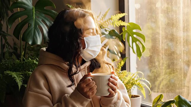 Woman wearing medical mask holding hot coffee mug by window with indoor plant. Relaxed girl enjoying warm beverage in sunny room. Lifestyle comfort and morning.