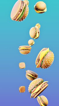 Cheeseburgers flying on blue gradient background with sesame buns cheese and fresh fast food levitating. 3d rendering