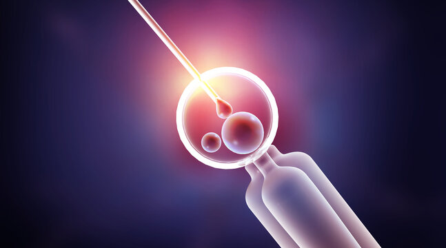 Medical 3D illustration of a needle injecting sperm into an egg for IVF