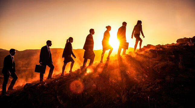 Silhouettes of corporate business team carrying briefcases hiking up steep rocky mountain during intense glowing sunrise illustrating difficult professional group challenge