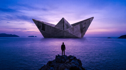 Male silhouette standing over dark rocky ocean cliff watching gigantic folded newspaper origami boat floating across calm purple water during beautiful sunset