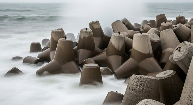 Ocean Waves Long Exposure Concrete Tetrapods Breakwater