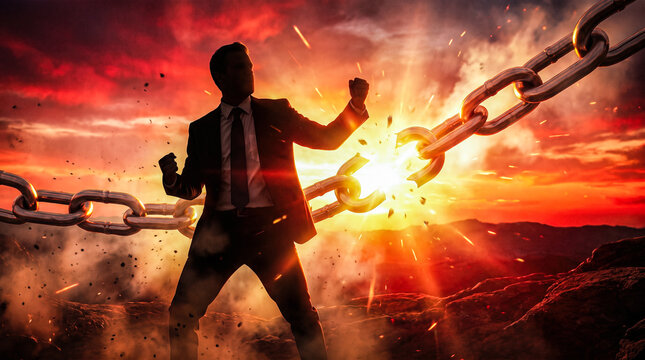 Angry powerful corporate businessman breaking thick heavy metal chains apart using bare hands under intense bright glowing red sunset sky representing ultimate victory