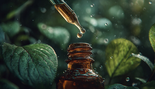 Drop falling from dropper into bottle with leaves background generated.AI