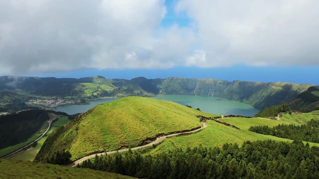 Amazing view of the Sete Cidades lakes from the viewpoint Azores Portugal
