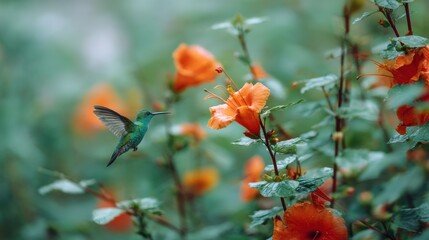 Fototapeta premium Hummingbird hovering near orange flower in garden. Small bird flying to nectar blossom. Wildlife nature observation, spring season and birdwatching concept. Detailed macro avian scene.