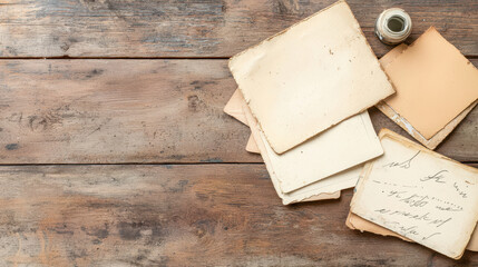 Fototapeta premium Old paper vintage stationery wooden table rustic background blank sheets writing materials craft supplies natural textures creative workspace