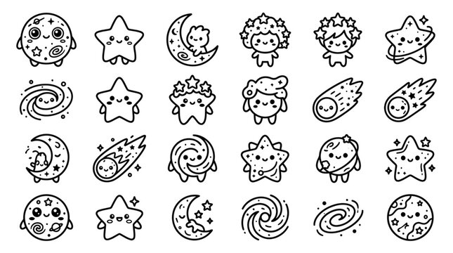Cute Kawaii Space Characters: Stars, Moon, Planets, Galaxies & Comets - Doodle Art