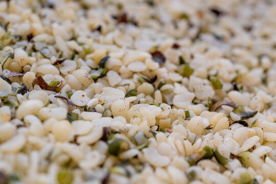 Shelled hemp seeds texture background